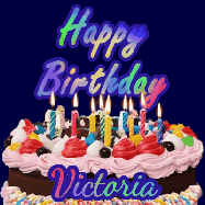 Happy Birthday Victoria GIF: A dark blue birthday gif with a beautiful cake with flickering candles, background sparkles and a name to customize.