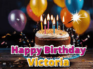 Happy Birthday Victoria GIF: A birthday cake with flickering candles gif with text reading Happy Birthday and a Name slot to customize