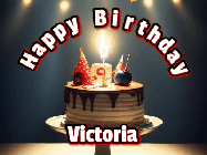 Happy Birthday Victoria GIF: Animated happy birthday gif with a cake and flickering candles with colorful falling confetti and text reading Happy Birthday