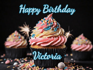 Happy Birthday Victoria GIF: A delicious cupcake gif with animated sparkles reading Happy Birthday with a name to customize
