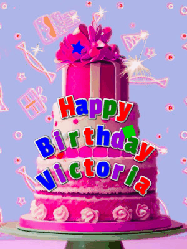 Happy Birthday Victoria GIF: A big beautiful birthday cake gif with falling confetti, sparklers, and balloons, reads Happy Birthday Name. Customize it.