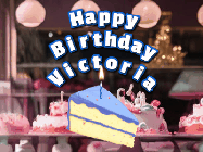 Happy Birthday Victoria GIF: A cake shop background with a slice of cake and animated candle reading Happy Birthday Customize.