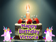 Happy Birthday Victoria GIF: An animated gif with 2 unicorns and a birthday candle on a cake.
