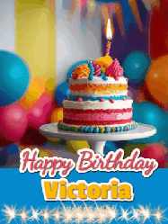 Happy Birthday Victoria GIF: A birthday card gif with a cake and candle and a blue ribbon with animated sparklers. Reads Happy Birthday Name