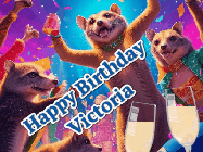 Happy Birthday Victoria GIF: Happy Birthday GIF depicting a mongoose party with animated fireworks, sparkles and champagne. Reads Happy Birthday Name. Customize it.