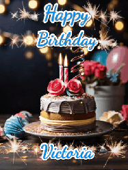 Happy Birthday Victoria GIF: Sparkles and glitter happy birthday gif with a cake and flickering candles and sparklers behind the words happy birthday customize