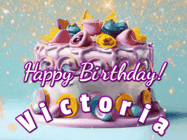 Happy Birthday Victoria GIF: A beautiful birthday cake gif with animated sparkles and glitter Happy Birthday Name you can customize
