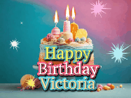 Happy Birthday Victoria GIF: A colorful animated Happy Birthday Cake GIF with swirling sparkles and flickering candles. It reads Happy Birthday Name