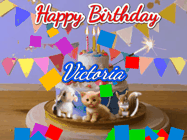 Happy Birthday Victoria GIF: Happy Birthday Cake GIF with a cat, lamb, and squirrel on the cake with flickering candles, a sparkler, and falling confetti. Reads Happy Birthday Name and you can customize the name
