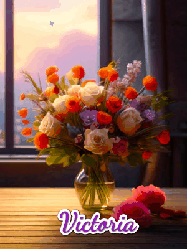 Happy Birthday Victoria GIF: A vase of flowers and animated hearts pop in and out as the words Happy Birthday Name appears that you can customize