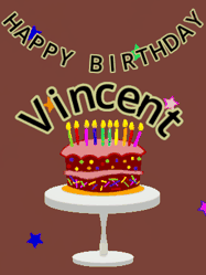 Happy Birthday Vincent GIF: Animated birthday gif of a chocolate cartoon cake and stars. Animated text can be customized with name.