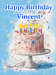 Happy Birthday Vincent GIF: Baby blue birthday gif with animated birthday candles, cake, and falling confetti. Customize 3 lines of text.
