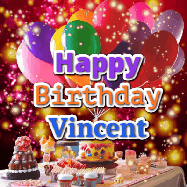 Happy Birthday Vincent GIF: Animated happy birthday gif on a bright red glittery background and 3 lines of text reading Happy Birthday Customize