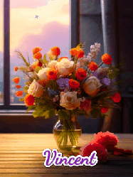 Happy Birthday Vincent GIF: A vase of flowers and animated hearts pop in and out as the words Happy Birthday Name appears that you can customize