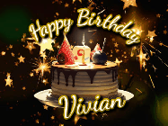 Happy Birthday Vivian GIF: Bursting stars fall past a birthday cake in this animated birthday gif with name you can customize. Dark background.