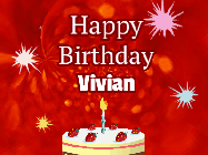 Happy Birthday Vivian GIF: A bright red happy birthday gif animated with a cake candle, and glitter and sparkles. Customize with name.