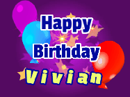 Happy Birthday Vivian GIF: A lovely purple birthday gif animated with moving text, a balloon, and bubbles. Customize it.