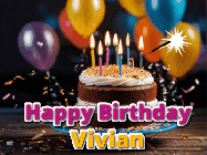 Happy Birthday Vivian GIF: A birthday cake with flickering candles gif with text reading Happy Birthday and a Name slot to customize