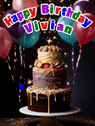 Happy Birthday Vivian GIF: Beautiful birthday cake animated gif, a celebration of balloons, confetti, and sparklers. Customize banner and name.