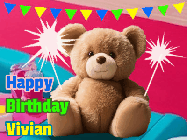 Happy Birthday Vivian GIF: A cute birthday teddy bear animated birthday gif with the bear holding sparklers and text to customize.