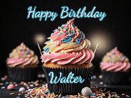 Happy Birthday Walter GIF: A delicious cupcake gif with animated sparkles reading Happy Birthday with a name to customize