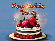Happy Birthday Wanda GIF: Animated GIF of a birthday cake covered in berries with 2 sparklers and a candle, reads Happy Birthday Name. Customize it.