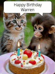 Happy Birthday Warren GIF: GIF with monkey and cake with birthday cake, flickering candles, they talk, a camera flash, big goofy smiles.