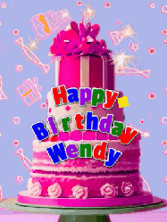 Happy Birthday Wendy GIF: A big beautiful birthday cake gif with falling confetti, sparklers, and balloons, reads Happy Birthday Name. Customize it.