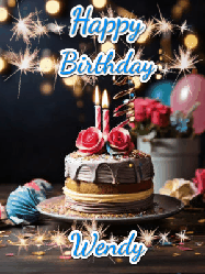 Happy Birthday Wendy GIF: Sparkles and glitter happy birthday gif with a cake and flickering candles and sparklers behind the words happy birthday customize