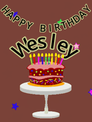 Happy Birthday Wesley GIF: Animated birthday gif of a chocolate cartoon cake and stars. Animated text can be customized with name.