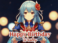 Happy Birthday Wesley GIF: Anime girl holding a birthday cake and an animated sword falls into it. Text reads Happy Birthday Customize
