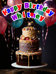 Happy Birthday Whitney GIF: Beautiful birthday cake animated gif, a celebration of balloons, confetti, and sparklers. Customize banner and name.