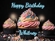 Happy Birthday Whitney GIF: A delicious cupcake gif with animated sparkles reading Happy Birthday with a name to customize