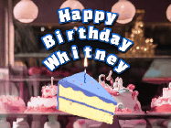 Happy Birthday Whitney GIF: A cake shop background with a slice of cake and animated candle reading Happy Birthday Customize.
