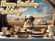 Happy Birthday Whitney GIF: Animated birthday gif with a dog at a fancy birthday table loaded with cakes as hearts appear. It reads Happy Birthday Customize.