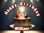 Happy Birthday William GIF: Animated happy birthday gif with a cake and flickering candles with colorful falling confetti and text reading Happy Birthday