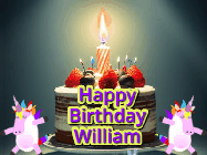 Happy Birthday William GIF: An animated gif with 2 unicorns and a birthday candle on a cake.
