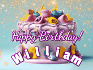 Happy Birthday William GIF: A beautiful birthday cake gif with animated sparkles and glitter Happy Birthday Name you can customize