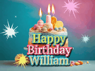 Happy Birthday William GIF: A colorful animated Happy Birthday Cake GIF with swirling sparkles and flickering candles. It reads Happy Birthday Name