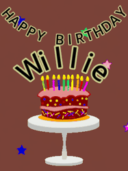 Happy Birthday Willie GIF: Animated birthday gif of a chocolate cartoon cake and stars. Animated text can be customized with name.