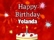 Happy Birthday Yolanda GIF: A bright red happy birthday gif animated with a cake candle, and glitter and sparkles. Customize with name.