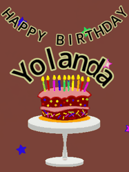 Happy Birthday Yolanda GIF: Animated birthday gif of a chocolate cartoon cake and stars. Animated text can be customized with name.