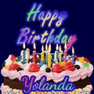 Happy Birthday Yolanda GIF: A dark blue birthday gif with a beautiful cake with flickering candles, background sparkles and a name to customize.