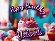 Happy Birthday Yolanda GIF: A colorful animated birthday gif of a cake and falling stars with a flickering candle. Text reads Happy Birthday and Customize.
