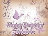 Happy Birthday Yolanda GIF: Classical birthday gif background with colorful musical notes floating past and a name you can customize, reads Happy Birthday.