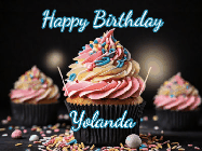 Happy Birthday Yolanda GIF: A delicious cupcake gif with animated sparkles reading Happy Birthday with a name to customize