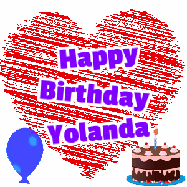 Happy Birthday Yolanda GIF: Animated birthday gif with a big scribbled animated heart with a balloon, birthday cake, and text to customize.