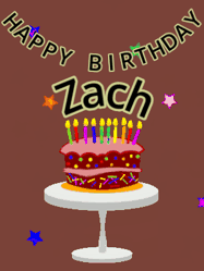Happy Birthday Zach GIF: Animated birthday gif of a chocolate cartoon cake and stars. Animated text can be customized with name.