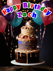 Happy Birthday Zach GIF: Beautiful birthday cake animated gif, a celebration of balloons, confetti, and sparklers. Customize banner and name.