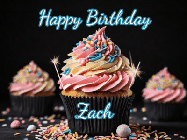 Happy Birthday Zach GIF: A delicious cupcake gif with animated sparkles reading Happy Birthday with a name to customize